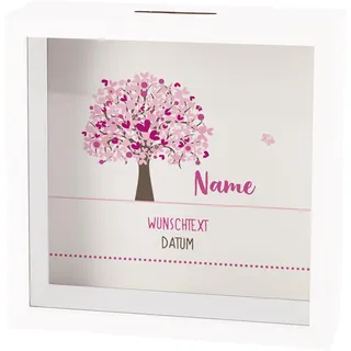 Striefchen® Personalisiertes Sparrahmen-Geschenk zur Taufe, Kommunion oder Konfirmation – Spardose mit Name, Wunschtext & Datum im Bilderrahmen-Stil (Lebensbaum pink)