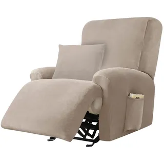 Alishomtll Stretchhusse für Relaxsessel, 4-Teilig Samt Sesselschoner, Stretch Waschbar Sesselbezug Elastisch Bezüge für Fernsehsessel, Sesselüberzug mit 1 Kissenbezug und 2 Taschen (1 Sitzer Beige)