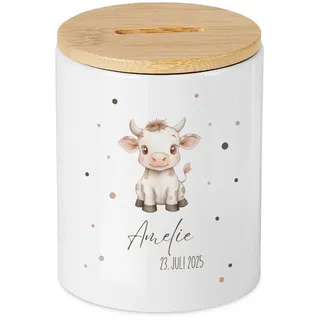 Personalisiertes Kuh Baby Spardose, Individuelles Taufgeschenk Mädchen Jungen, Geldgeschenk Geburt Geburtstag, Sparschwein Wunscherfüller mit Name, süßes Kuhmotiv