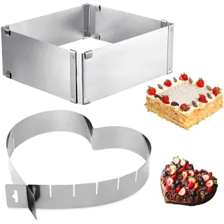 KEORHEZ 5cm Backrahmen rechteckig verstellbar und 5cm Herzform Backform Variabel Verstellbar, Edelstahl Backform rechteckig, Hitze- und Kältebeständig, Kuchenform eckig und Herzförmig zum Backen