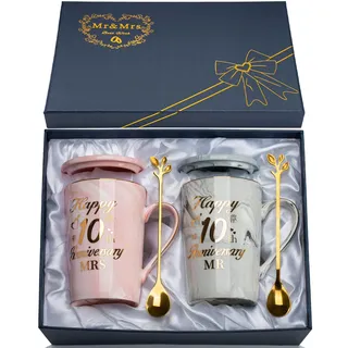 Rosenhochzeit Geschenke, 10 Hochzeitstag Geschenk 2PCS Mr Mrs Keramik Marmor Tasse Set 14 Oz, 10. Hochzeitstag Geschenke Kaffeetassen für Paare, Rosenhochzeit Geschen-k mit Karte, Löffel, Geschenkbox