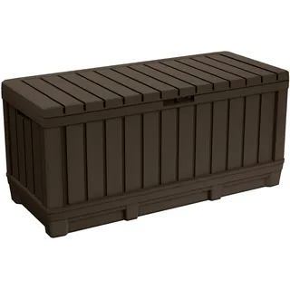 Keter Gartentruhe KENTWOOD 350L Braun – Wetterfeste Gartenbox in Holzoptik mit Sitzfunktion – UV-beständige Aufbewahrungsbox, abschließbar, für Innen- & Außenbereich