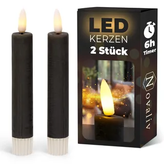 Stabkerzen LED mit Timer SCHWARZ 2er indoor mit Timer Funktion 6 Stunden ECHTWACHS 15cm Höhe für Kerzen 2,2cm Durchmesser 2 AAA Batterien notwendig LED Stabkerzen flackernde Flamme bewegliche Flamme