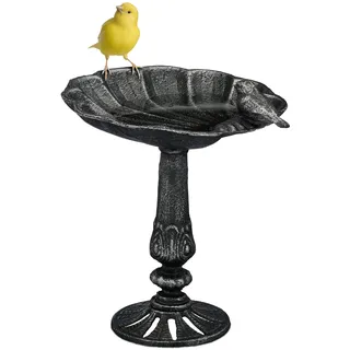 Relaxdays Vogeltränke, stehend, Vogelbad aus Gusseisen, winterfest, Garten Wasserschale mit Ständer, schwarz-silber