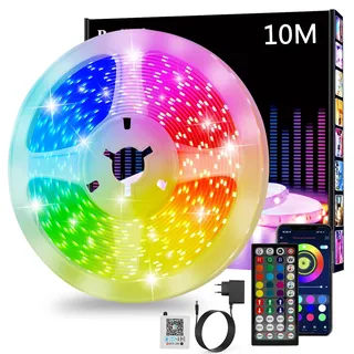 Led Strip 10m, RGB Led Streifen, Bluetooth Smart Led Band Selbstklebend, LED Leiste mit Fernbedienung und APP, LED Lights Dimmbar, Musik Sync, Timer-Einstellung für Gaming Zimmer, Room, Küche, Party