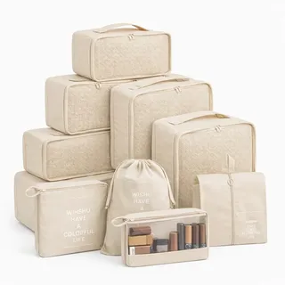 8er Set Kofferorganizer beige mit Kosmetiktasche und Packtaschen (Set, 8-tlg., 8x Packtaschen), Faltbar / Verstaubar / Wasserabweisend - Beige