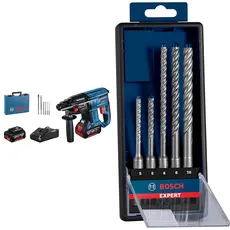 Bosch Professional 18V System Akku Bohrhammer GBH 18V-21 (inkl. Akku, Ladegerät, 6-tlg. Bohrmeißel-Set, im Koffer) + 5x Expert SDS plus-7X Hammerbohrer Set (für Stahlbeton, Ø 5-10 mm)