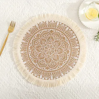 Rund Gewebte Platzset,Boho Tischsets,Jute Tischsets mit Mandala Quaste,Böhmen Farmhouse Retro Restaurant Tischdekoration Platzdeckchen Tischsets für Hochzeit Festival Party Küche Speisetisch,6er Set O