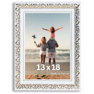 Victor Vintage Bilderrahmen „Rubens“ in 13x18 cm Weiß Gold - Leiste: 30x20mm - Echtglas - Fotorahmen Barock - Antik - Bilderrahmen 13x18 Weiß