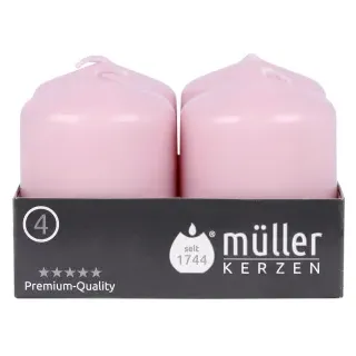 Müller Kerzen Stumpenkerze, rosa, Hochwertige Stumpenkerze mit gleichmäßigem Abbrand, 1 Packung = 4 Stück, (Ø x H): 48 x 62 mm