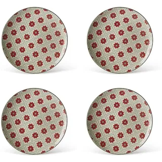 Evviva Obstteller, 4er-Set, Steinzeug, 4 flache Teller à 20,5 cm, für Obst und Desserts, modern und bunt, geometrische Muster, Motiv: Althea, rote Blume