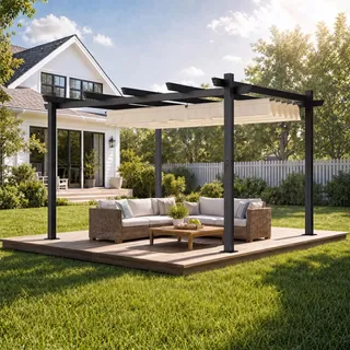 JUMMICO Aluminium Pergola 3x4 m mit Schiebedach, Gartenpavillon Pavillon wasserdicht stabil Winterfest, Sonnenschutz für Garten Terrasse & Balkon, schützt vor Sonne, Regen, langlebig, Beige