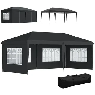Outsunny Pavillon ca. 3x6m Wasserdicht Pop-up Faltpavillon mit 4 Seitenwänden, Fenster , Schwarz , Textil , 295x270x585 cm , Sonnenschutz, Pavillons