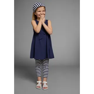 Kleid, Leggings & Haarband KIDSWORLD "3tlg. Set: Kleid, Capri und Haarband geringelt", Mädchen, Gr. 116/122, blau (marine, weiß), Jersey, Obermaterial: 100% Baumwolle. Unterteil: 95% Baumwolle, 5% Elasthan, gestreift, unifarben, KOB Set-Artikel Kleid Leggings & Haarband, Capri und Haarband maritim geringelt
