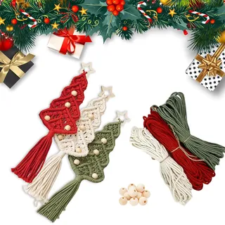 Makramee Weihnachten Set – DIY Bastelset Mit Baumwollgarn In 3 Farben & 3 Sternen & 13 Holzperlen, Makramee Set Weihnachten, Für Heimdekoration, Weihnachtsbaum Hängende, Weihnachts Deko