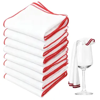 8 Stück Weinglas Poliertuch, 40 X 60CM Groß Mikrofaser Poliertuch für Glas, Wiederverwendbar Weinglas Poliertücher, Gläsertuch streifenfrei, Mikrofaser, Weiß Weingläser Tücher Mit Rotem Rand