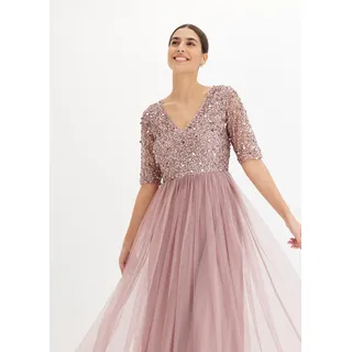 Abendkleid BONPRIX, Damen, Gr. 40, N-Gr, rosa (rosenholz (länge: regulär)), Web, Obermaterial: 100% Polyester. Futter: 100% Polyester, unifarben, festlich, loose fit bodenlang, tiefer V-Ausschnitt, Kleider Abendkleid, für festliche Anlässe, mit Tüll-Rock und Pailletten im Oberteil