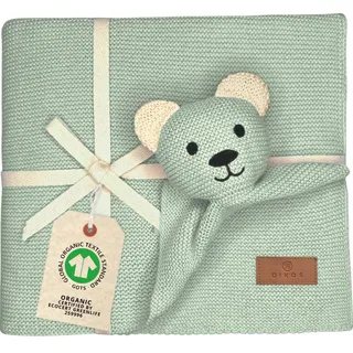 DIKOS Original Babydecke SCHMUSE-Bär (Mint) – Premium 2-in-1 Neugeborenen Kuscheldecke & Schmusetuch – aus weicher gestrickter Bio-Baumwolle (GOTS/Oeko-TEX) –Babygeschenk zur Geburt Mädchen/Junge