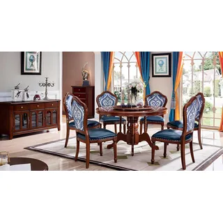 Komplett Set Esszimmer Gruppe Holz Stühle Essgarnitur Luxus Möbel 6 Lehnstuhl - Blau