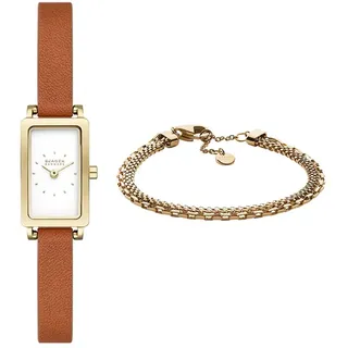 Skagen Damen Hagen Micro Braune Leder-Uhr und Merete Gold-Ton Edelstahl Armband, Set