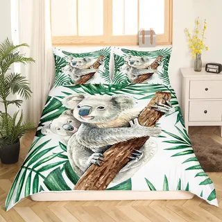 Homewish Koala Bettbezug Palme Bettwäsche Set Karikatur Tierwelt Tier Trösterbezug 135x200 für Kinder Jungen Mädchen Teenager Tropenblätter Zweig Tagesdecke Bezug Weiche Bettbezug