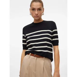 Kurzarmpullover VERO MODA "VMSABA PLAIN, Feinstrickpullover", Damen, Gr. XS, schwarz (schwarz stripes:w birch), Feinstrick, Obermaterial: 50% Viskose, 28% Polyester, 22% Nylon, gestreift, regular fit normal, Rundhals, Pullover Kurzarmpullover, im Regular Fit aus pflegeleichtem Materialmix mit Viskose, Topseller