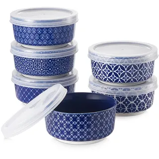 DOWAN Dipschalen aus Porzellan, 176 ml Dessertschalen Set 6er mit Deckel - Stapelbare Schüssel für Sauce, Snack, Dessert, Tapas, Creme Brulee Schälchen Blau und weiß, Spülmaschinen- & Mikrowellenfest