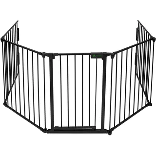 VOUNOT Kaminschutzgitter Metall, 5 Elemente inkl. Sicherheitstür, Ofenschutzgitter Faltbar, Tierschutzgitter Türschutzgitter für Kinder-Sicherung, Schwarz 300x75 cm