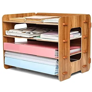 EXERZ Holz-Akten-Organizer 4 Ebenen Für Schreibtisch Ordnung, Bürobedarf, Dokumentenhalter, Schüler Hausaufgaben, Schularbeiten, Notizbuch, Briefe Lager, Stationär, DIY Kreative Dekoration - Holz