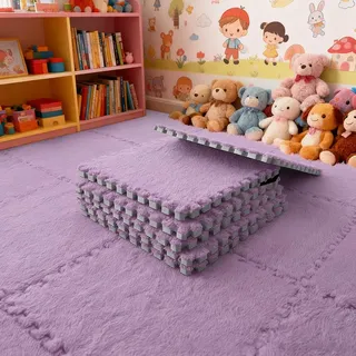 12 Stück Teppichboden Schaumstoffmatte, Plüsch Teppichfliesen, Ineinandergreifender Wohnzimmer Memory Foam Teppich (Hellviolett)