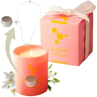 Schmuckkerze - Juwelkerze : natürliche handgemachte Duftkerze mit Schmuck+verstellbare 925 Silber Halskette mit Perle+Schmuckbox – Cassis, Orangenblüte & Jasmin