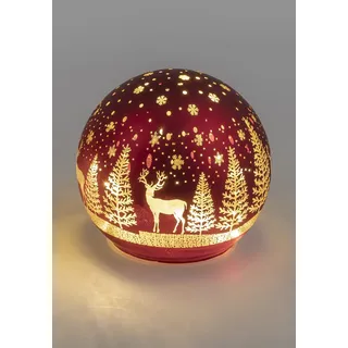 Formano Deko Kugel Licht rot mit Hirsch und Bäume LED-Licht mit Timer Weihnachtskugel Weihnachten (Kugel 12 cm)