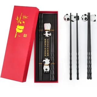 Chinesisches Set mit Stöcken, 2 Paar Bambus-Essstäbchen mit 2 Panda-Stick-Halter, wiederverwendbar, rutschfest, spülmaschinenfest, Geschenk für Panda-Liebhaber (schwarz)