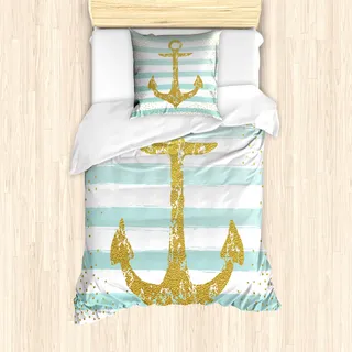 ABAKUHAUS Anker Mantele, Marine Golden Anchor, Milbensicher Allergiker geeignet mit Kissenbezügen, 135 cm x 200 cm - 80 x 80 cm, Blassblau Weiß - Weiß