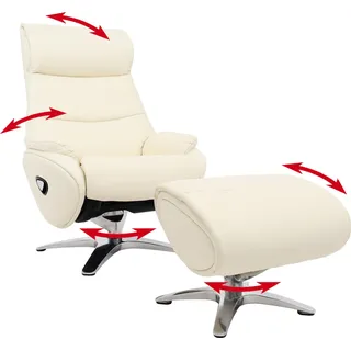 Relaxsessel mit Hocker HWC-K98, Fernsehsessel Sessel, Liegefunktion drehbar, Metall Echtleder/Kunstleder creme-weiß - Beige
