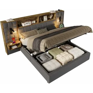 Stilvora Polsterbett 180/200 cm in Grau mit Bettkasten, Led, USB und Type-C Leinen Vintage-Design , Textil , 160x200 cm , Schlafzimmer, Betten, Polsterbetten