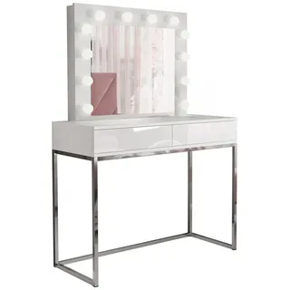 lookway Schminktisch BLANCO GLAMOUR mit Spiegel und Beleuchtung Weiß Hochglanz Push Open