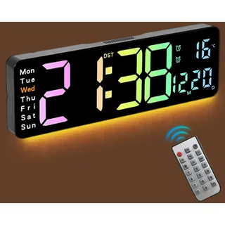 Focenat Digitale Wanduhr, große digitale Wanduhr mit Fernbedienung, 24/12-Stunden-Wanduhr, Digitaluhr mit Nachtlicht, RGB-Farbwechsel, LED-Wanduhr, für Wohnzimmer, Schlafzimmer, Büro, Wanddekoration