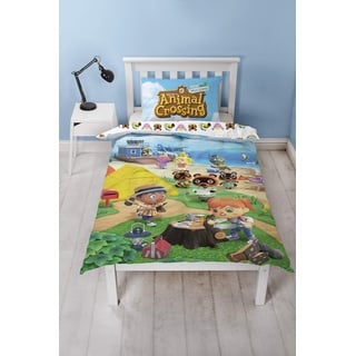 Animal Crossing Bettbezug für Einzelbett, wendbar, zweiseitig, Strand-Design, Polyester-Baumwoll-Mischgewebe, lustige Bettwäsche mit passendem Kissenbezug, mehrfarbig, 200 x 135 cm