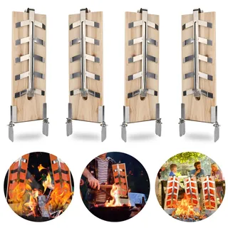 Jopassy Flammlachsbrett 4er Set rustikal Räucherbrett Holzplatten Edelstahl Halterung