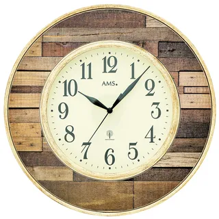 AMS 5965 Wanduhr Funk Funkwanduhr analog Holz-Optik rund - Braun, Beige, Schwarz