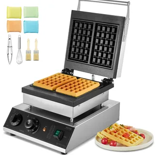 Vevor kommerzielles Waffeleisen Waffelmaschine 2000 W antihaftbeschichtetes belgisches Waffeleisen aus Edelstahl mit Temperatur- und Zeitregelung, für Restaurant Bäckerei Snackbar 2 Stk. Waffeln