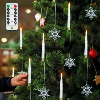 yunsheng Weihnachtsbaumkerzen mit Fernbedienung und Timer, batteriebetriebene flammenlose LED-Kerzen, flackernde Christbaumkerzen kabellos mit Metallhaken und Acryl-Schneeflocken, 12 Stück