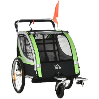 Homcom 2 in 1 Kinderanhänger, Fahrradanhänger Kinderbuggy mit 5-Punkt Sicherheitsgurt , Schwarz, Grün , Metall, Kunststoff , 75x101x142 cm , Freizeit & Co, Sport & Fitness, Fahrradanhänger