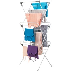 mDesign klappbarer Wäscheständer mit großer Ladekapazität auf 3 Ebenen – tragbares, kompaktes Trockengestell mit 27 Wäschestangen aus Metall und Kunststoff – weiß und grau