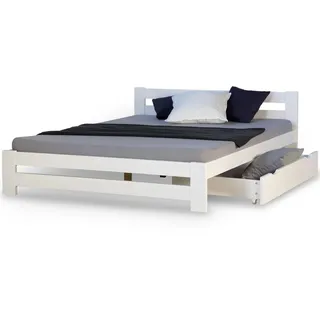 Homestyle4u Holzbett 140x200 Weiß Kiefer Bett mit Bettkasten Bettgestell Holz - Weiß
