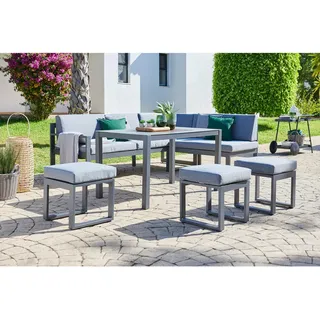 Ambia Garden Dining-Loungeset , Anthrazit, Hellgrau, Dunkelgrau , Metall, Glas, Textil , 6-teilig , Füllung: Schaumstoff,Schaumstoff , L-Form , 213x169 cm , Gartenmöbel, Gartengarnituren, Gartenmöbel-Sets