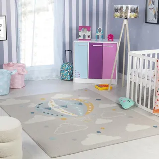 surya inc. Livabliss Heissluftballon Kinder - Cartoon 120x170 cm, Tier Kinderzimmer oder Babyzimmer, Krabbel oder Spiel - Babymatte für Jungen & Mädchen, Grau