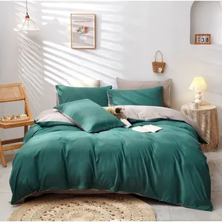 Damier Bettwäsche Dunkelgrün 200×200cm Grün Beige Bettbezug Set 3 Teilig Superweiches Microfaser Unifarben Deckenbezug mit Verdecktem Reißverschluss und 2 Kopfkissenbezüge 80 × 80 cm