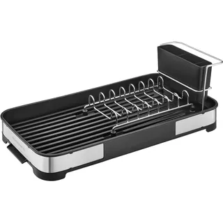 SONGMICS Abtropfgestell klein, Geschirr-Abtropfgestell für Spüle, Abtropfständer, Abtropfgitter Edelstahl, Abtropfschale, Besteckhalter, Tassenhalter rostfrei, für Geschirr, silbern-schwarz KCS034B01